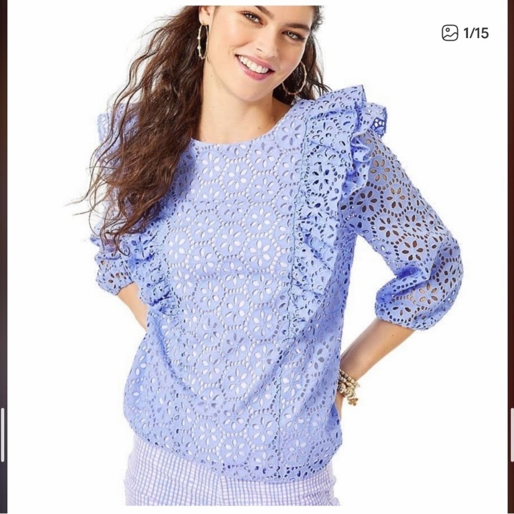 Lilly Pulitzer Primm Eyelet Ruffle Top Blue Cotton Eyelet Blouse L